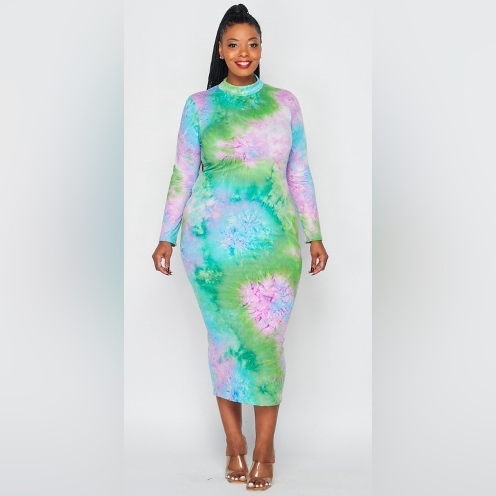 Pastel tie-dye, long sleeve midi dress